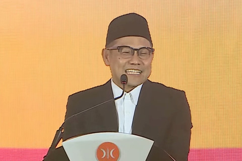Ketua Umum PKB Muhaimin Iskandar memberikan sambutan saat menghadiri Munas VI PKS di The Sultan Hotel & Residence, Jakarta, Minggu (28/9/2025). Foto: Youtube/PKSTV