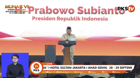 Presiden RI Prabowo Subianto dalam penutupan Musyawarah Nasional VI Partai Keadilan Sejahtera (PKS) di Hotel Sultan, Jakarta, Senin (29/9/2025).   Foto: YouTube/ PKSTV