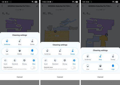 Aplikasi MODENA Seamless dapat mengatur robot vacuum untuk melakukan vacuum dan mop, vacuum saja, atau mop saja, dengan berbagai pengaturan daya. Foto: kumparan