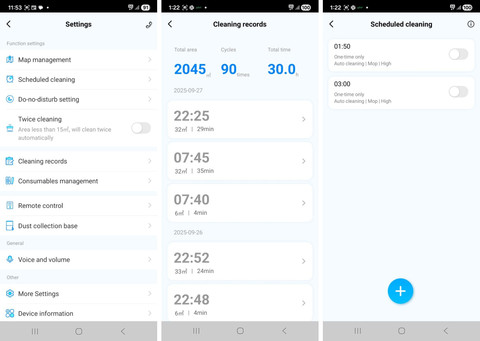 Menu Settings di aplikasi MODENA Seamless. Ia menampilkan riwayat bersih-bersih, sampai menyediakan fitur scheduling untuk melakukan pembersihan. Foto: kumparan