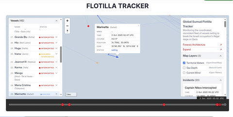 Kapal GSF bernama Marinette masih berlayar menembus blokade Israel di Gaza. Foto: Dok. Global Sumud Flotilla