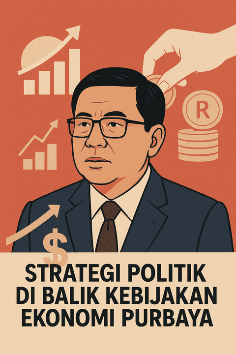 Purbaya mengenakan jas dan dasi, dengan latar belakang berwarna oranye yang dipenuhi simbol ekonomi seperti grafik naik, tanda dolar, dan tumpukan koin rupiah. Elemen-elemen ini merepresentasikan hubungan erat antara strategi politik dan kebijakan ekonomi yang diterapkannya. Gambar dihasilkan oleh AI Chatgpt