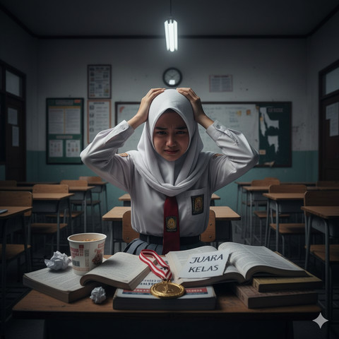 (Sumber: Gambar dibuat oleh Gemini AI, "Siswi yang Frustrasi akibat Tekanan sebagai Juara Kelas.")