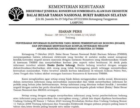 Siaran pers Kementrian Kehutanan melalui Direktorat Jendral Konservasi Sumberdaya Alam dan Ekosistem Balai Besar Taman Nasional Bukit Barisan Selatan | Foto : Dok. Ist