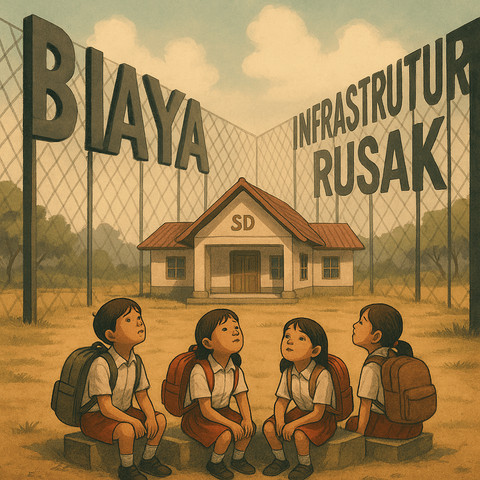 Sekolah Berpagar Bayangan Beban. Sumber: Ilustrasi generatif DALL·E, OpenAI.