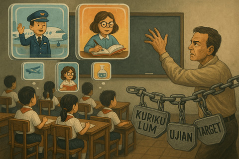 Imajinasi yang Terkurung di Bangku Sekolah. Sumber: Ilustrasi generatif DALL·E, OpenAI.