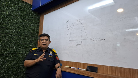 Direktur Komunikasi dan Bimbingan Pengguna Jasa Bea Cukai, Nirwala Dwi Heryanto, menjelaskan Kurva Laffer. Foto: Agaton Kenshanahan/kumparan