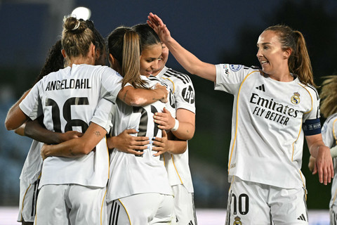 Selebrasi Real Madrid Femenino menang 6-2 atas AS Roma di pekan pertama Liga Champions Wanita 2025/26. Foto: AFP/Javier Soriano
