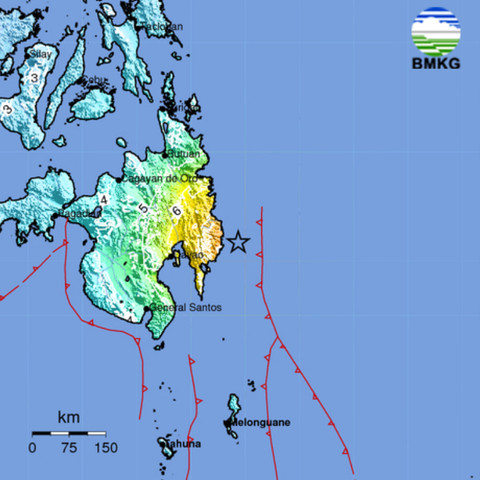 Titik gempa di Filipina (tanda bintang), Jumat (10/10/2025), yang berdampak hingga ke Indonesia. Foto: Dok. BMKG