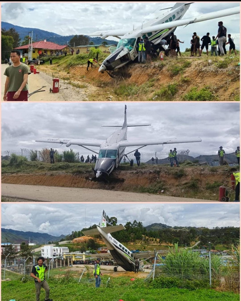 Pesawat Smart Air jenis Caravan C208 tergelincir di Lapangan Terbang Tiom, Kabupaten Lanny Jaya, Papua Pegunungan, Sabtu (11/10). Foto: Dok. Istimewa