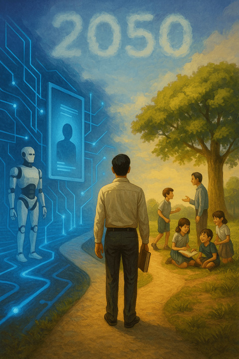 Guru di Persimpangan Masa Depan. Sumber: Ilustrasi generatif DALL·E, OpenAI.