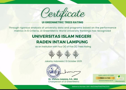Sertifikat UI GreenMetric Trees Rating yang diterima Universitas Islam Negeri (UIN) Raden Intan Lampung | Foto : Dok. Humas UIN