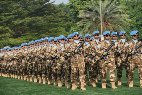 180 prajurit TNI yang tergabung dalam Satgas Kizi Minusca 2025 di Mabes TNI Cilangkap Jakarta Timur, Selasa (14/10/2025). Foto: Puspen TNI
