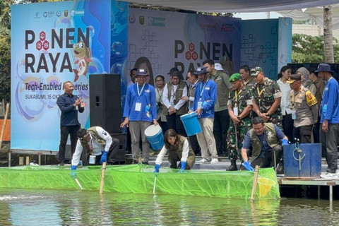 Menkomdigi Meutya Hafid melakukan simbolis Panen Raya Teknologi Digital Perikanan di Sukabumi, Jawa Barat pada Rabu (15/10/2025). Foto: Abid Raihan/kumparan