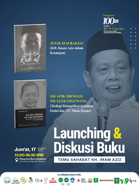 Poster acara Launching dan Diskusi Buku: Mengenang KH Imam Aziz di Pesantren Bumi Cendekia, Gombang, Sleman, Jumat (17/10). Foto: Dok. Istimewa