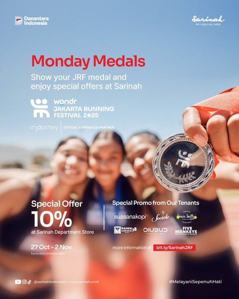 InJourney menjadi Official Experience Partner Jakarta Running Festival (JRF) 2025 menawarkan diskon spesial di tenant pilihan di Sarinah untuk pelari dengan menunjukkan Medal Monday. Foto: Dok. InJourney