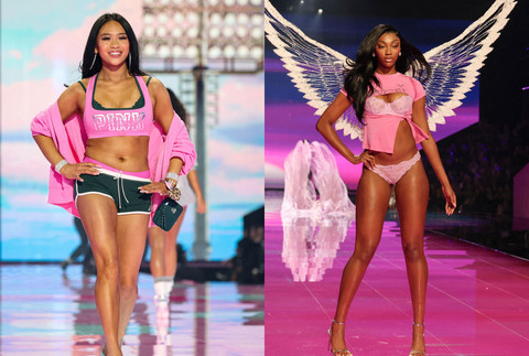 Suni Lee dan Angel Reese, dua atlet perempuan yang tampil di Victoria's Secret Fashion Show 2025. Foto: Brendan McDermid/REUTERS, Angela Weiss/AFP
