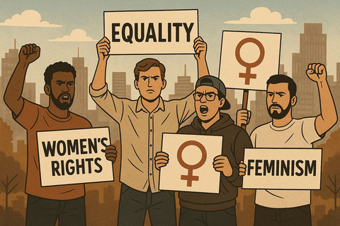 Sumber: Ilustrasi sekelompok laki-laki yang berdemo mendukung hak perempuan dan menyuarakan isu feminisme. Gambar dihasilkan oleh AI melalui ChatGBT/GBT-5