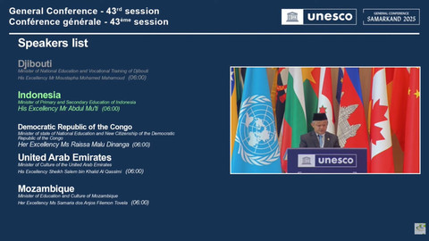 Mendikdasmen Abdul Mu'ti memberikan pidato di Sidang Umum UNESCO Uzbekistan, Senin (4/11/2025). Foto: Youtube/TVMU YOGYAKARTA