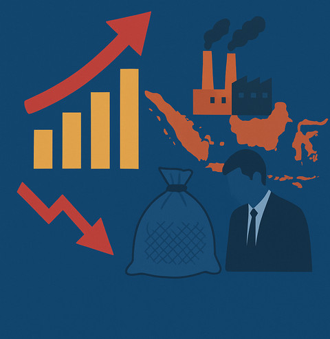 Ilustrasi pertumbuhan ekonomi Indonesia triwulan III-2025. Grafik menunjukkan kenaikan PDB sebesar 5,04 persen, dengan Pulau Jawa sebagai kontributor utama ekonomi nasional. (Sumber foto: Idisign)