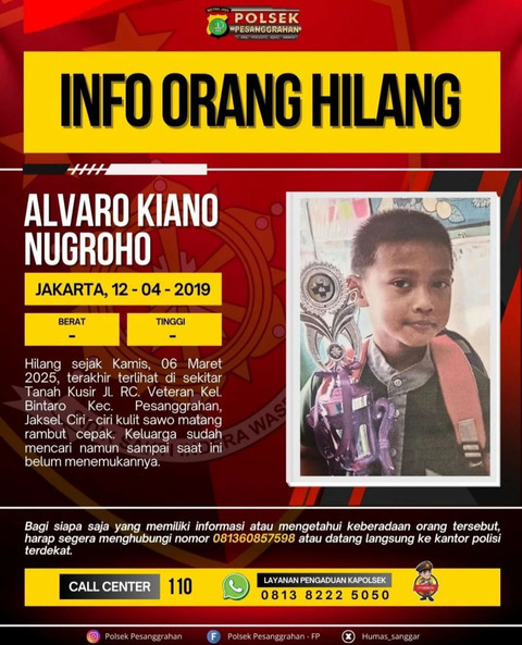 Poster Anak Hilang Alvero Kiano Nugroho. Foto: Polsek Pesanggrahan
