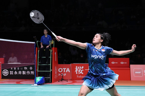 Gregoria Mariska Tunjung saat bermain di Kumamoto Masters 2025 yang digelar di Kumamoto Prefectural Gymnasium, Jepang. Foto: Dok. PBSI