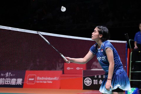 Gregoria Mariska Tunjung saat bermain di Kumamoto Masters 2025 yang digelar di Kumamoto Prefectural Gymnasium, Jepang. Foto: Dok. PBSI