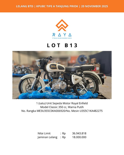 Bea cukai lelang 60 unit motor Royal Enfield Classic 350 dan Classic 500.  Foto: Lelang Raya