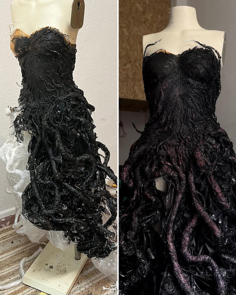 Rancangan gaun terinspirasi Stranger Things yang terbuat dari sampah plastik karya Elien Rijnbeek. Foto: Instagram @lie_chee