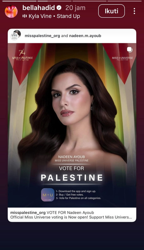 Bella Hadid berikan dukungan kepada Nadeen Ayoub. Foto: Instagram @bellahadid
