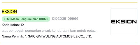 Nama Eksion disinyalir sebagai calon SUV elektrifikasi Wuling penerus Almaz terdaftar di Pangkalan Data Kekayaan Intelektual (PDKI) Kemenkum RI. Foto: Dok. Kementerian Hukum Republik Indonesia
