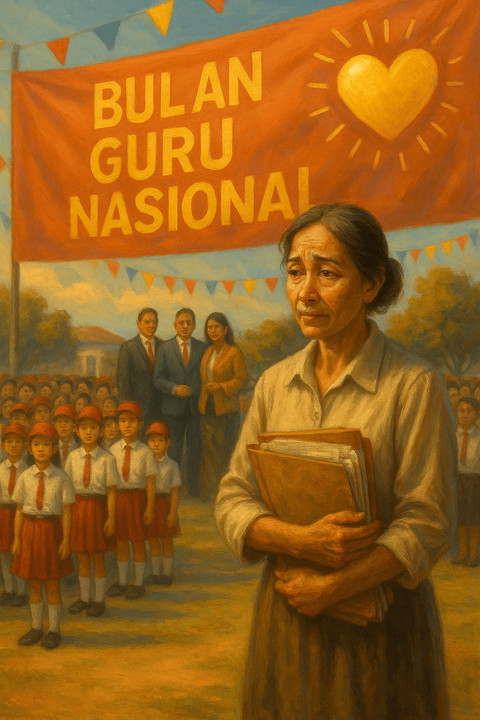 Di Balik Spanduk Emas. Sumber: Ilustrasi generatif DALL·E, OpenAI.