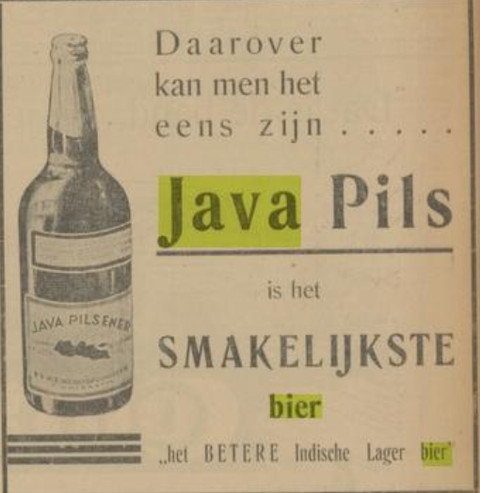 Iklan kolonial untuk Java Pils, sebuah bir lager produksi Hindia Belanda yang dipromosikan sebagai bir 