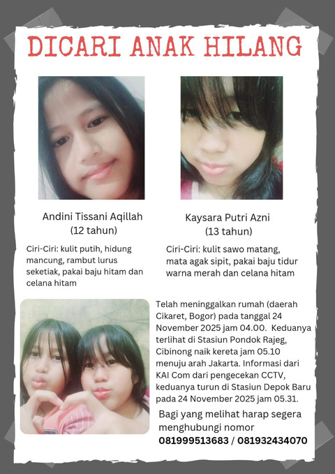 Andini dan Kaysara, kakak-beradik asal Cibinong dilaporkan hilang. Foto: Dokumentasi keluarga