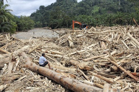 Warga mengamati sampah kayu gelondongan pasca banjir bandang di Desa Aek Garoga, Kecamatan Batang Toru, Kabupaten Tapanuli Selatan, Sumatera Utara, Sabtu (29/11/2025). Foto: Yudi Manar/ ANTARA FOTO