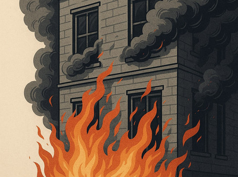 Ilustrasi: Gambar dibuat menggunakan Open AI untuk menggambarkan kebakaran di gedung dengan asap tebal menyelimuti di dalam dan di luar gedung