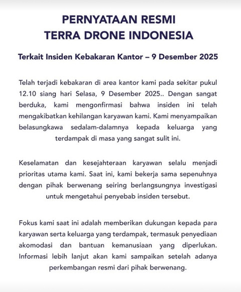 Pernyataan Terra Drone atas kebakaran gedungnya pada 9 Desember 2025. Foto: Instagram/@terradrone_id