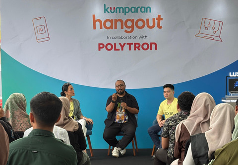 AI Content Creator, Eddy Sukmana (tengah) dan Product Manager IT Polytron, David Erhan (kanan) dalam sesi tanya jawab 