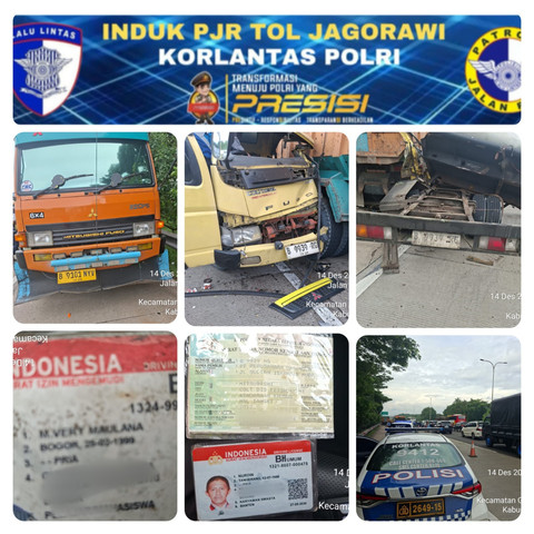 Foto lakalantas truk tangki menabrak dump truk di ruas tol Jagorawi pada Minggu (14/12/2025). Foto: Dok. Istimewa