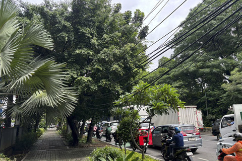 Kondisi kabel-kabel semrawut yang menjuntai di sepanjang Trotoar Jalan DI Panjaitan, Cawang, Jaktim, Kamis (18/12/2025). Foto: Abid Raihan/kumparan