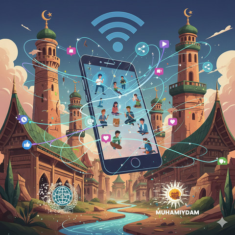 Gambar tersebut di ambil dari gemini ai sebagai representasi visual dari "benturan" dan "pertemuan" antara tradisi besar ormas keagamaan dengan arus digital masa kini