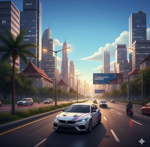 Ilustrasi mobil yang melaju di jalan raya wilayah perkotaan. Ketika mobil itu di tengah perjalanan tidak bergerak lagi, realitas itu bisa dengan variasi kemungkinan 