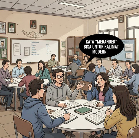 Di ruang kuliah Sintaksis, para mahasiswa dan mahasiswi tengah melakukan diskusi tentang peran kata 