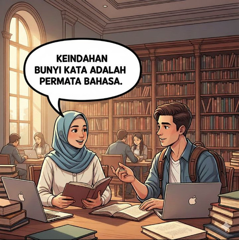 Bertukar pikiran di ruang perpustakaan tentang salah satu kriteria suatu kata dapat menjadi permata bahasa adalah karena keindahan bunyinya saat dilafalkan. (Sumber: Gemini 3 AI)