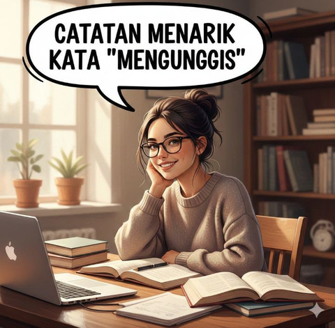 Ilustrasi seorang mahasiswi sedang mencari referensi di perpustakaan pribadi ayahnya untuk menyusun makalah tugas kuliahnya mengenai catatan menarik ihwal kata 