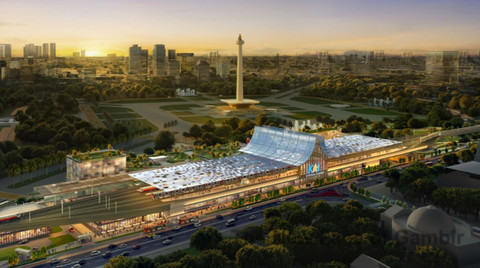 Desain pengembangan Stasiun Gambir sebagai simpul transportasi terpadu yang menghubungkan kereta api jarak jauh, Commuter Line (KRL), MRT Jakarta, hingga kawasan Monas. Foto: Dok. KAI