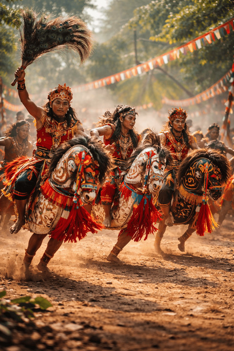 Gambar ini menampilkan pertunjukan Jaranan, tari kuda lumping khas Jawa Timur, dengan gerak energik dan iringan gamelan yang menggambarkan kegagahan prajurit berkuda serta kekuatan tradisi leluhur. sumber poto:berasal dari kecerdasan buatan atau AI