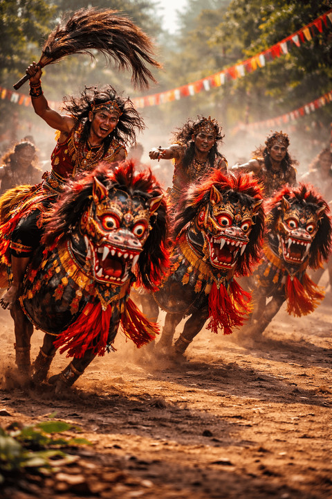 Gambar ini memperlihatkan Jaran Jenggo, varian Jaranan bernuansa magis, dengan bentuk kuda menyeramkan yang melambangkan kekuatan spiritual, keberanian, dan hubungan sakral dengan dunia leluhur. sumber poto:berasal dari kecerdasan buatan atau AI