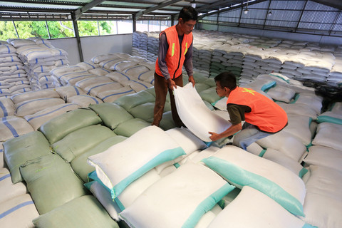Pekerja menata karung beras dari serapan gabah petani di Gudang Perum Bulog cabang Meulaboh, Aceh Barat, Aceh, Rabu (7/1/2026). Foto: Syifa Yulinnas/ANTARA FOTO