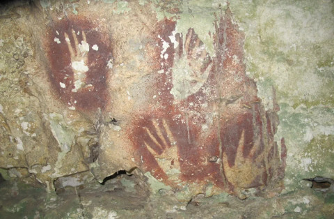 Seni cadas tertua di dunia berupa cetakan tangan dengan jari-jari menyempit dari situs Leang Jarie, Kabupaten Maros, Sulawesi Selatan, Indonesia. Foto: Nature/Ahdi Agus Oktaviana
